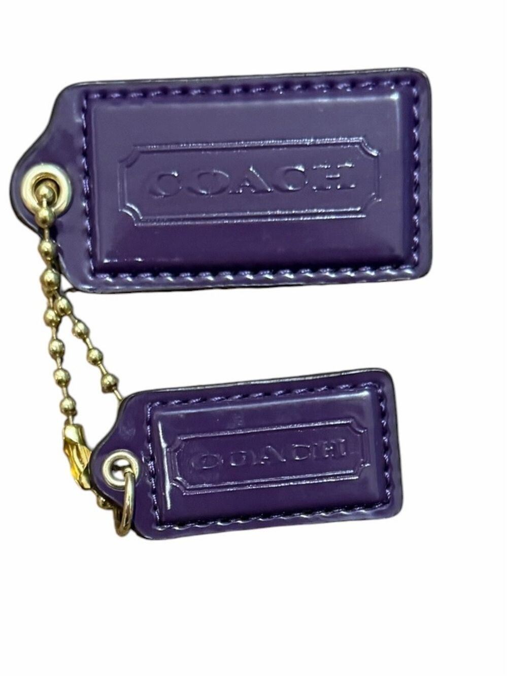 Coach Deep Plum Purple Patent Leather Poppy Hangtag Duo Charms Gold Tone Chain
